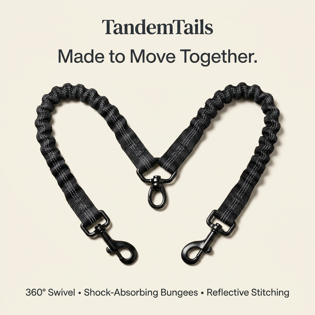 A TandemTails dog leash accessory set shown on a light beige background with product text. The set includes two black and gray woven bungee leash straps joined at the center with a swivel, plus two matching black and gray leash straps with black metal swivel clamps.