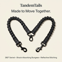 A TandemTails dog leash accessory set shown on a light beige background with product text. The set includes two black and gray woven bungee leash straps joined at the center with a swivel, plus two matching black and gray leash straps with black metal swivel clamps.