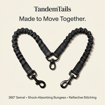 A TandemTails dog leash accessory set shown on a light beige background with product text. The set includes two black and gray woven bungee leash straps joined at the center with a swivel, plus two matching black and gray leash straps with black metal swivel clamps.