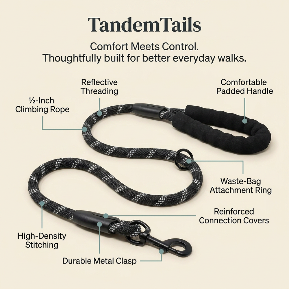 A product feature infographic for a TandemTails pet leash on a light beige background. The leash is shown twice with callout lines and text labels highlighting features such as reflective threading, a padded handle, a 1/2-inch climbing rope, high-density stitching, and a durable metal clasp.