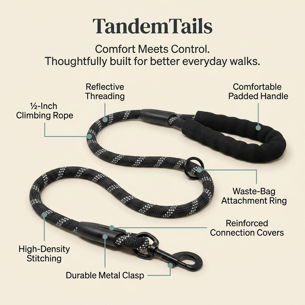 A product feature infographic for a TandemTails pet leash on a light beige background. The leash is shown twice with callout lines and text labels highlighting features such as reflective threading, a padded handle, a 1/2-inch climbing rope, high-density stitching, and a durable metal clasp.